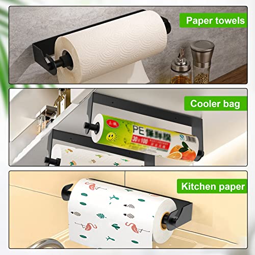 Paper Towel Holder Under Cabinet, MYLOLF Single Hand Operable Wall Mount Paper Towel Rack with Damping Effect, Self-Adhesive or Drilling Screw Paper Towel Roll Holder for Kitchen, Bathroom (Black)