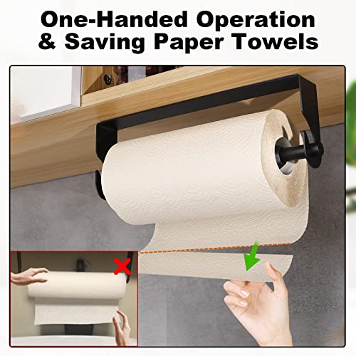 Paper Towel Holder Under Cabinet, MYLOLF Single Hand Operable Wall Mount Paper Towel Rack with Damping Effect, Self-Adhesive or Drilling Screw Paper Towel Roll Holder for Kitchen, Bathroom (Black)