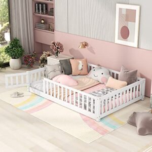 harper & bright designs full floor bed for kids, montessori frame with fence and door, wooden full platform boys girls, slats included, no box spring needed (full size, white) white with slats