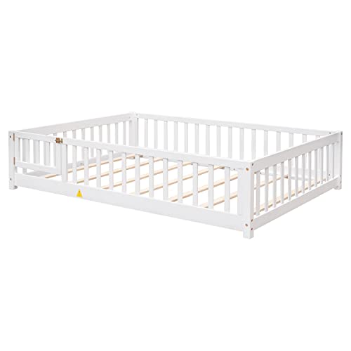 Harper & Bright Designs Full Floor Bed for Kids, Montessori Frame with Fence and Door, Wooden Full Platform Boys Girls, Slats Included, No Box Spring Needed (Full Size, White) White With Slats