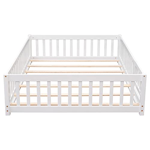 Harper & Bright Designs Full Floor Bed for Kids, Montessori Frame with Fence and Door, Wooden Full Platform Boys Girls, Slats Included, No Box Spring Needed (Full Size, White) White With Slats