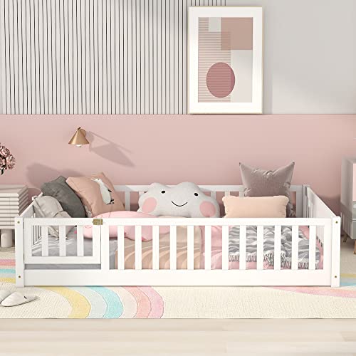 Harper & Bright Designs Full Floor Bed for Kids, Montessori Frame with Fence and Door, Wooden Full Platform Boys Girls, Slats Included, No Box Spring Needed (Full Size, White) White With Slats