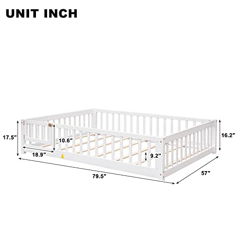 Harper & Bright Designs Full Floor Bed for Kids, Montessori Frame with Fence and Door, Wooden Full Platform Boys Girls, Slats Included, No Box Spring Needed (Full Size, White) White With Slats