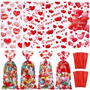 120 pcs valentines day treat bags valentines favor cello plastic candy goodie bag with 150 red twist ties for kids valentines day party favor