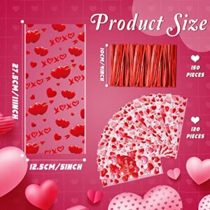 120 Pcs Valentines Day Treat Bags Valentines Favor Cello Plastic Candy Goodie Bag with 150 Red Twist Ties for Kids Valentines Day Party Favor