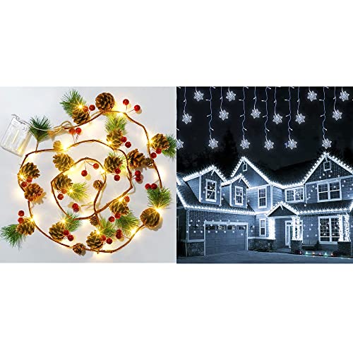 Dazzle Bright 360 LED Icicle String Lights + 6.5 FT 20 LED Pine Cone Christmas String Lights