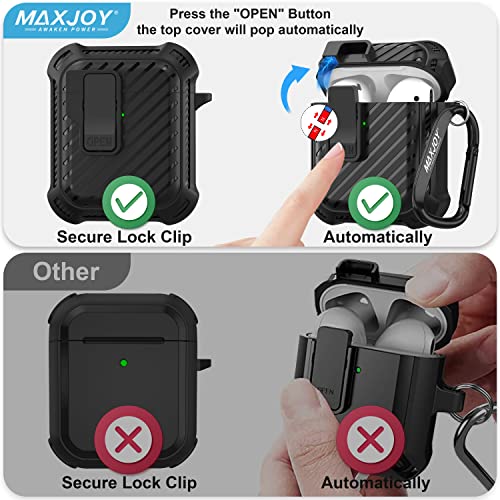 Maxjoy for AirPods Case Cover, Airpods 2 Protective Case with Automatic Secure Lock Gen 2 Military Hard Shockproof Cover with Keychain Compatible with Apple Airpods 2nd Airpods 1st Generation, Black