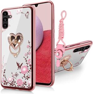 b-wishy for samsung galaxy a14 5g/a14 4g glitter crystal butterfly heart floral slim tpu luxury bling cute protective cover with kickstand+strap for samsung galaxy a14 4g/5g(rose gold)