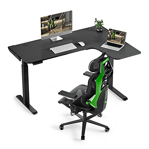 EUREKA ERGONOMIC L Shaped Standing Desk Right with Typhon Gaming Chair Green, 60 Inch Gaming Desk, Electric Height Adjustable Dual Motor, Rising Sit Stand Up Corner Desk for Computer Home Office