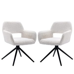 abet fluffy desk chairs set of 2, modern swivel accent home office chair no wheels, hollow back & metal legs, faux fur vanity chair for teen girls women side armchair for bedroom living room white