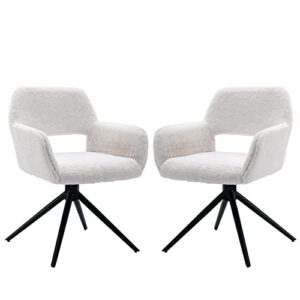 ABET Fluffy Desk Chairs Set of 2, Modern Swivel Accent Home Office Chair No Wheels, Hollow Back & Metal Legs, Faux Fur Vanity Chair for Teen Girls Women Side Armchair for Bedroom Living Room White