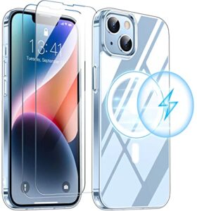 spidercase clear designed for iphone 14 case/iphone 13 case, magnetic [2 pcs tempered glass screen protector] [military grade drop protection] slim thin cover