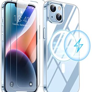 SPIDERCASE Clear Designed for iPhone 14 Case/iPhone 13 Case, Magnetic [2 Pcs Tempered Glass Screen Protector] [Military Grade Drop Protection] Slim Thin Cover