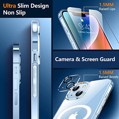 SPIDERCASE Clear Designed for iPhone 14 Case/iPhone 13 Case, Magnetic [2 Pcs Tempered Glass Screen Protector] [Military Grade Drop Protection] Slim Thin Cover