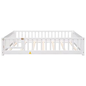 Full Floor Bed for Kids, Montessori Bed Frame with Fence-Shaped Guardrails, Support Slats and Door, Wood Floor Full Bed for Kids,Toddler,Boys Girls, No Box Spring Needed(White, Full Bed Frame)