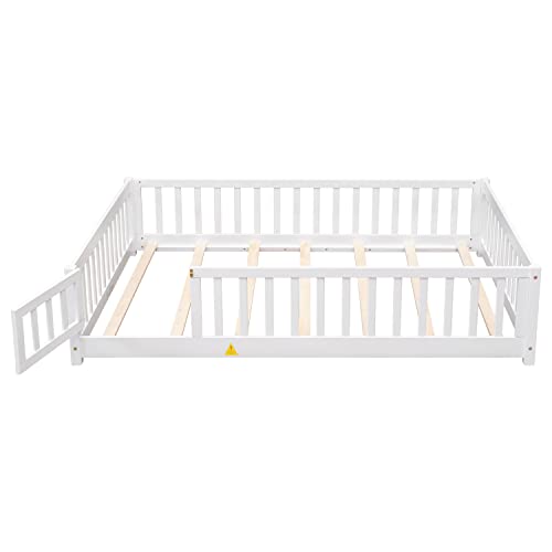 Full Floor Bed for Kids, Montessori Bed Frame with Fence-Shaped Guardrails, Support Slats and Door, Wood Floor Full Bed for Kids,Toddler,Boys Girls, No Box Spring Needed(White, Full Bed Frame)