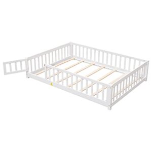 Full Floor Bed for Kids, Montessori Bed Frame with Fence-Shaped Guardrails, Support Slats and Door, Wood Floor Full Bed for Kids,Toddler,Boys Girls, No Box Spring Needed(White, Full Bed Frame)