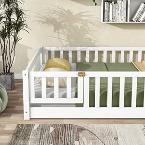 Full Floor Bed for Kids, Montessori Bed Frame with Fence-Shaped Guardrails, Support Slats and Door, Wood Floor Full Bed for Kids,Toddler,Boys Girls, No Box Spring Needed(White, Full Bed Frame)
