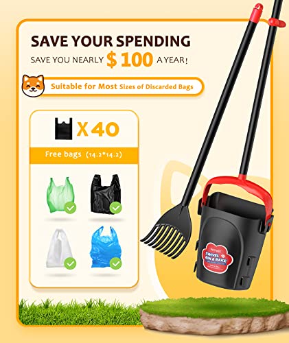 PETNOZ LIFE Large Swivel Bin & Rake Pooper Scooper with 40 Waste Bags, 36" Long Handle & 4 Bag Hooks Adjustable Dog Pooper Scooper for Large Dogs and Pets, Portable Non-Breakable Dog Poop Scooper