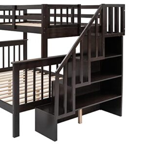 Woanke Twin Over Full Stairway Bunk Bed, Solid Wood Bed Frame with with Twin Size Trundle, Stairway, Storage and Guard Rail for Bedroom, Dorm, No Need Spring Box, Espresso