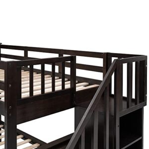 Woanke Twin Over Full Stairway Bunk Bed, Solid Wood Bed Frame with with Twin Size Trundle, Stairway, Storage and Guard Rail for Bedroom, Dorm, No Need Spring Box, Espresso