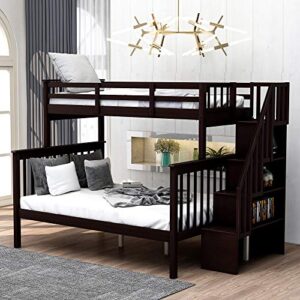 woanke twin over full stairway bunk bed, solid wood bed frame with with twin size trundle, stairway, storage and guard rail for bedroom, dorm, no need spring box, espresso