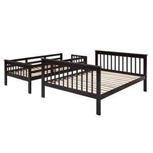 Woanke Twin Over Full Stairway Bunk Bed, Solid Wood Bed Frame with with Twin Size Trundle, Stairway, Storage and Guard Rail for Bedroom, Dorm, No Need Spring Box, Espresso