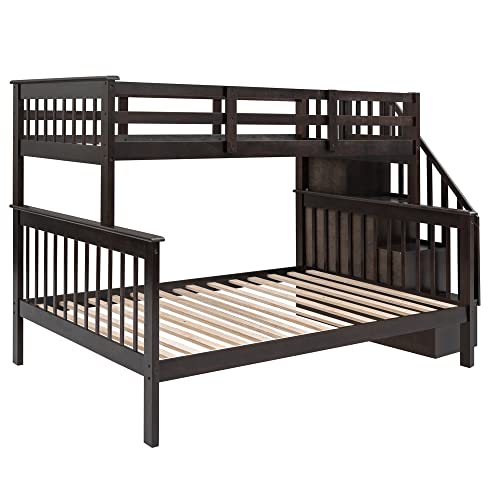 Woanke Twin Over Full Stairway Bunk Bed, Solid Wood Bed Frame with with Twin Size Trundle, Stairway, Storage and Guard Rail for Bedroom, Dorm, No Need Spring Box, Espresso