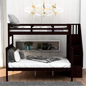 Woanke Twin Over Full Stairway Bunk Bed, Solid Wood Bed Frame with with Twin Size Trundle, Stairway, Storage and Guard Rail for Bedroom, Dorm, No Need Spring Box, Espresso