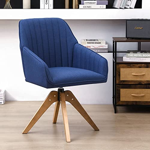 Furniliving 36.8 Inch Modern Swivel Accent Chair, Mid Century Living Room Chair with Wood Legs Comfy Mid Back Arm Chairs Home Office Desk Chair No Wheels for Bedroom, DarkBlue