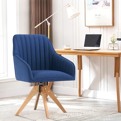 Furniliving 36.8 Inch Modern Swivel Accent Chair, Mid Century Living Room Chair with Wood Legs Comfy Mid Back Arm Chairs Home Office Desk Chair No Wheels for Bedroom, DarkBlue