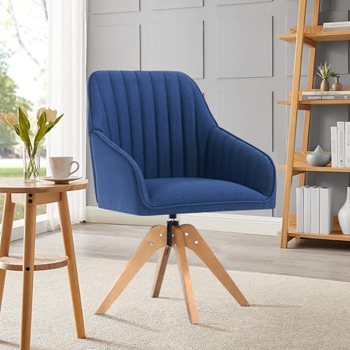 Furniliving 36.8 Inch Modern Swivel Accent Chair, Mid Century Living Room Chair with Wood Legs Comfy Mid Back Arm Chairs Home Office Desk Chair No Wheels for Bedroom, DarkBlue