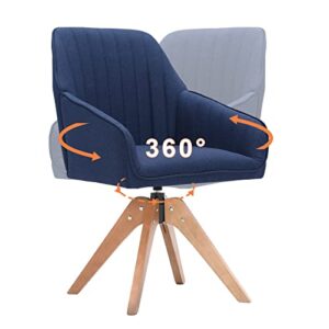 Furniliving 36.8 Inch Modern Swivel Accent Chair, Mid Century Living Room Chair with Wood Legs Comfy Mid Back Arm Chairs Home Office Desk Chair No Wheels for Bedroom, DarkBlue