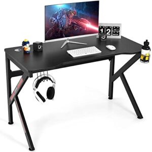 medimall 48” gaming desk, racing style home office desk with heavy-duty k-shaped steel frame, ergonomic gamer work station with cup holder & headphone hook & 2 cable management holes, black