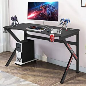 MEDIMALL 48” Gaming Desk, Racing Style Home Office Desk with Heavy-Duty K-Shaped Steel Frame, Ergonomic Gamer Work Station with Cup Holder & Headphone Hook & 2 Cable Management Holes, Black