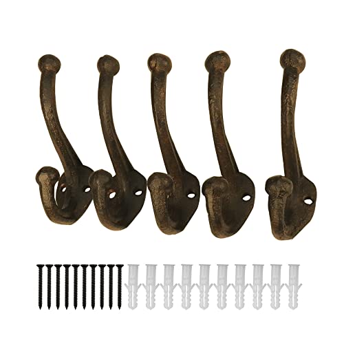 YWZHENYU 5- Pack Heavy Duty Cast Iron Hooks Vintage Wall Mounted Hooks Rustic Wall Hooks for Hanging Coats, Bags, Backpack, Towels, Hats, Farmhouse Decor with Screws