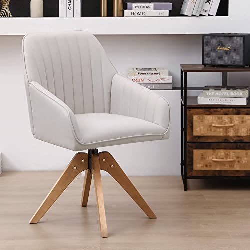 Furniliving 36.8'' Mid Century Modern Swivel Accent Chair for Living Room, Wood Desk Chair with Arms Mid Back Arm Chairs Upholstered Home Office Chair No Wheels for Home Office/Bedroom, Beige