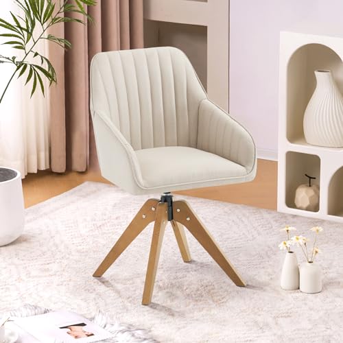 Furniliving 36.8'' Mid Century Modern Swivel Accent Chair for Living Room, Wood Desk Chair with Arms Mid Back Arm Chairs Upholstered Home Office Chair No Wheels for Home Office/Bedroom, Beige