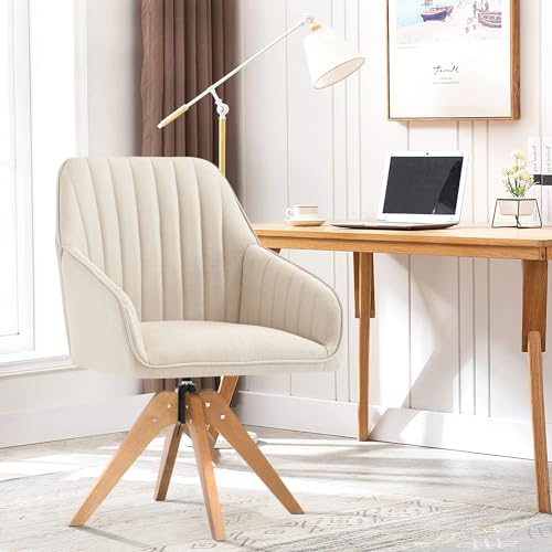 Furniliving 36.8'' Mid Century Modern Swivel Accent Chair for Living Room, Wood Desk Chair with Arms Mid Back Arm Chairs Upholstered Home Office Chair No Wheels for Home Office/Bedroom, Beige