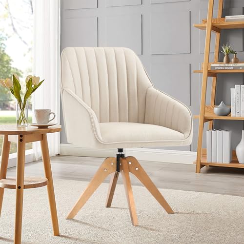 Furniliving 36.8'' Mid Century Modern Swivel Accent Chair for Living Room, Wood Desk Chair with Arms Mid Back Arm Chairs Upholstered Home Office Chair No Wheels for Home Office/Bedroom, Beige