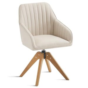 Furniliving 36.8'' Mid Century Modern Swivel Accent Chair for Living Room, Wood Desk Chair with Arms Mid Back Arm Chairs Upholstered Home Office Chair No Wheels for Home Office/Bedroom, Beige