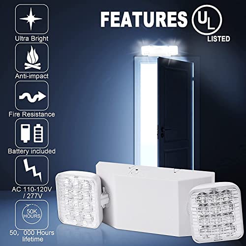 Led Emergency Lights Fixture 12 Pack, LED Emergency Light for Home Power Failure, Commercial LED Emergency Light with Battery Backup, Adjustable Two Head Emergency Exit Lights, Hardwired Square