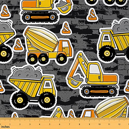 Yellow Excavator Waterproof Fabric by The Yard Tractor Crane Construction Vehicle Decor Fabric for Upholstery and Home DIY Projects Vintage Graffiti Brick Pattern Outdoor Upholstery Fabric,1 Yard