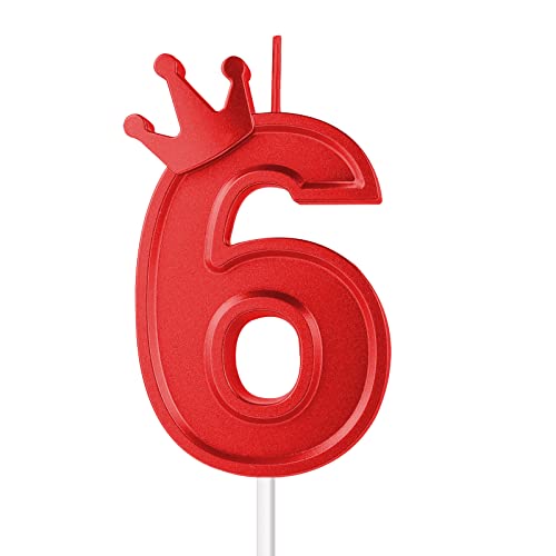 3.15in Birthday Number Candle, Red 3D Candle Cake Topper with Crown Cake Numeral Candles Number Candles for Birthday Anniversary Parties (6)