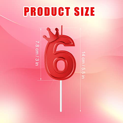 3.15in Birthday Number Candle, Red 3D Candle Cake Topper with Crown Cake Numeral Candles Number Candles for Birthday Anniversary Parties (6)