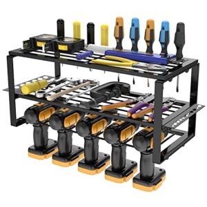 rldnsndk power tool organizer, 3 layers heavy duty metal tool shelf, garage organization with 5 drill holders, wall mount tool organizers and storage for cordless drill charging station & power tools