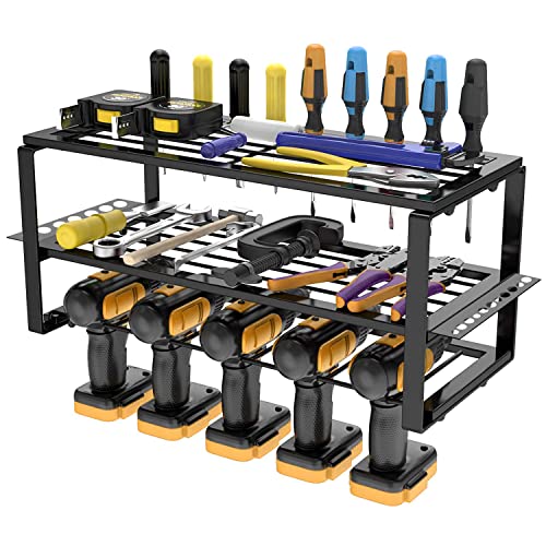 Rldnsndk Power Tool Organizer, 3 Layers Heavy Duty Metal Tool Shelf, Garage Organization With 5 Drill Holders, Wall Mount Tool Organizers and Storage for Cordless Drill Charging Station & Power Tools