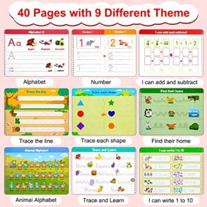 Handwriting Practice Book for kids, 40 Pages Toddlers Preschool Learning Activity Autism Educational Montessori Toys Learn Number Letters Shapes Animal & Sight Words Workbook with 8 Dry Erase Markers