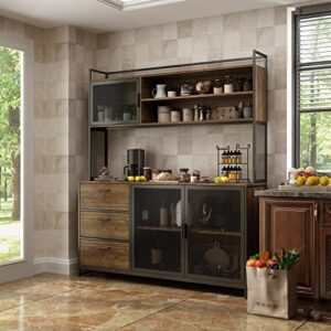 didugo hutch storage cabinet with drawers & iron doors for kitchen pantry, buffet cabinet with metal frame, for hallway deep walnut (59”w x 15.7”d x 68.5”h)