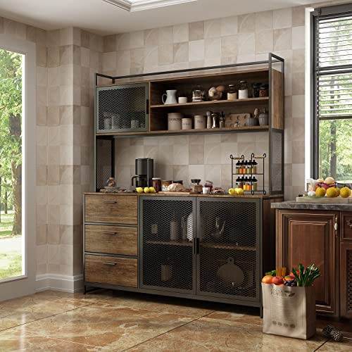 DiDuGo Hutch Storage Cabinet with Drawers & Iron Doors for Kitchen Pantry, Buffet Cabinet with Metal Frame, for Hallway Deep Walnut (59”W x 15.7”D x 68.5”H)